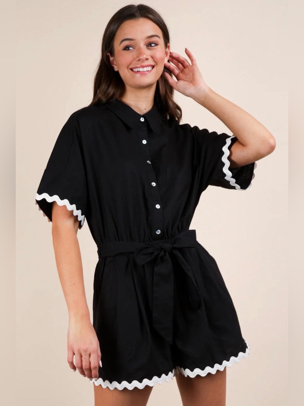 Black Button-Up Romper with White Rickrack Trim
